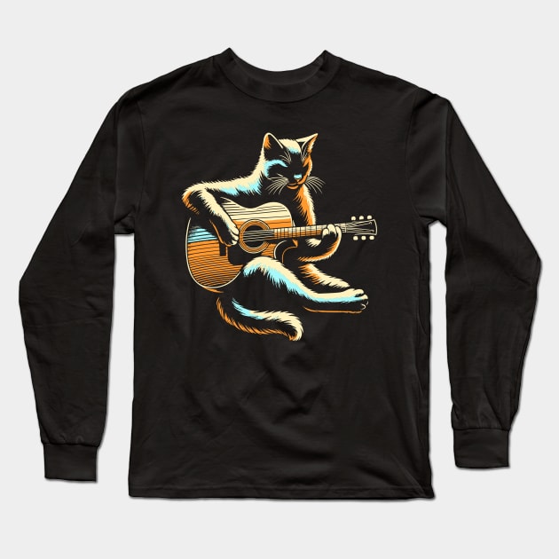 Cat Playing Acoustic Guitar Player Guitarist Funny Cat Lover Long Sleeve T-Shirt by rhazi mode plagget